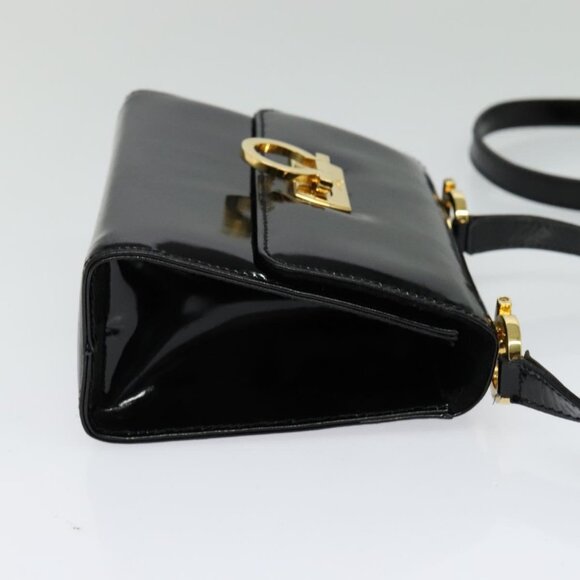 Salvatore Ferragamo Gancini Shoulder Bag Enamel Black Gold Auth - Picture 5 of 16